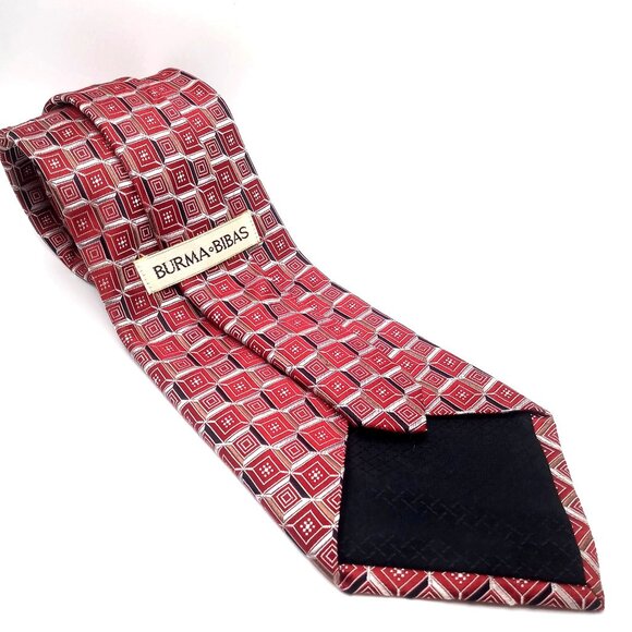 Vintage Men's Tie Burma Bibas Red Beige Geometric Square Pattern All Silk Tie - Picture 3 of 9